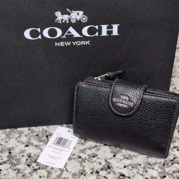 Coach Handbags - ✨SOLD✨NEW Coach Black Corner Zip Medium Snap Wallet Pebble Leather Authentic